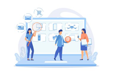 Kullanılmış ve yenilenmiş elektronik mağazası internet sitesi. Çevrimiçi bit pazarı, bit pazarlama, çevrimiçi bit pazarı işlem vektörü illüstrasyonu