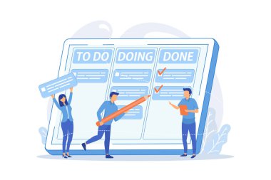 Küçük işletmeciler ve müdürler görev ve amaç başarısı grafiğinde. Görev yönetimi, proje yöneticileri araç vektör illüstrasyonu