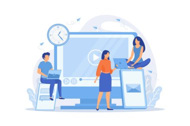 Küçük iş adamları dijital cihazların ekranlarını ve saatini izliyor. Ekran bağımlılığı, dijital aşırı yükleme vektör çizimi