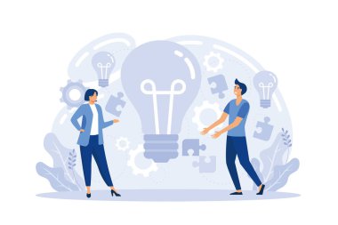 Çözüm, iş yatırımı, yeni fikirler, çözüm sahneleri takım çalışması ve beyin fırtınası. Takım ve yeni bir başlangıç. Liderlik ve finansal faaliyetler. vektör illüstrasyonu
