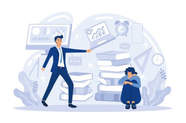 Kızgın patron. Ofis müdürü yorgun çalışana bağırıyor. İş takımında savaş ve çığlık at. Kötü iş lideri, iş stresi ve istismar vektörü kavramı.