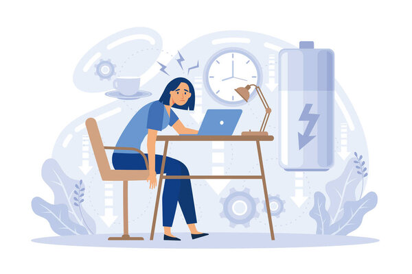 Professional burnout. Young exhausted female manager sitting at the office. Long working day. Millennials at work.