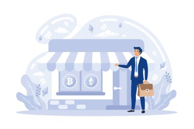Kripto para birimi bitcoin piyasa konsepti. Engelleme teknolojisi. Siber bankacılık uzay prosedürleri, bitcoin ticareti ve para. Nakit işlemleri. düz vektör illüstrasyonu