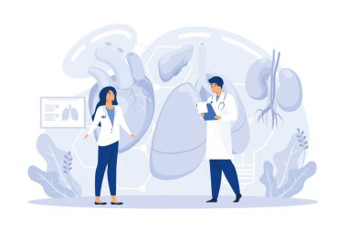 Biyomühendislik konsepti düz vektör çizimi. Genetik mühendisliği, genetiği değiştirilmiş organizma, laboratuvar içi organlar, DNA manipülasyonu, kök hücreler, nakil