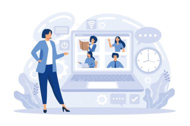 Çevrimiçi eğitim, dersler, atölye ve dil dersi, video çağrısı, eğitim webinarı, özel ders ve dersler. Uzak ağ öğrenme soyut konsept düz vektör modern illüstrasyon