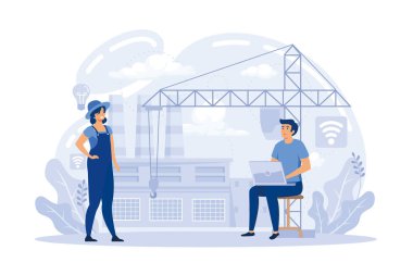 Fütüristik fabrika işi. Üretimde endüstriyel blok zinciri. Robot montajı, akıllı üretim metaforu. Küresel üretim düz vektör illüstrasyonunda teknolojilerin yapay zekasını ve internetini kullan