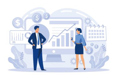 Analistler dizüstü bilgisayarlardan el sıkışıyor ve gelecekteki talepleri planlıyorlar. Talep planlama, talep analizi, dijital satış tahminleri düz vektör modern illüstrasyon