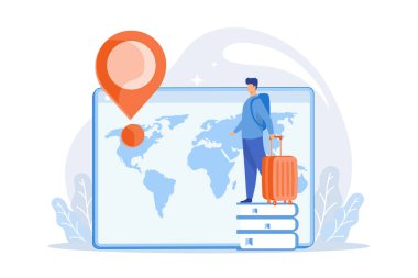 Tatil macerasındaki adam. Uluslararası turizm, dünya turu, öğrenci değişim programı. Yurtdışına seyahat eden sırt çantalı bir turist. düz vektör modern illüstrasyon