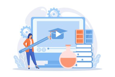 Renk teorisi çevrimiçi çalışıyor. Web tasarım temelleri, çizim dersleri, iç mimar. Kalem tutan kadın bir çizgi film karakteri. düz vektör modern illüstrasyon