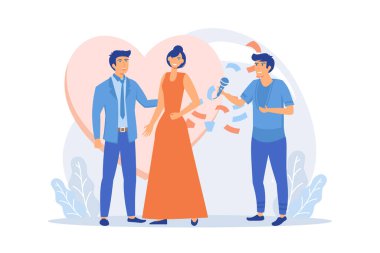 Düğün töreni. Güzel beyaz elbiseli gelin ve damat çizgi film karakterleri. Yeni evlilerin ilk dansı. Evlilik, nişan, kutlama. düz vektör modern illüstrasyon