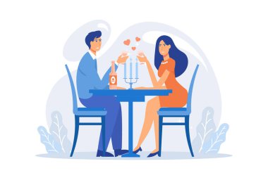 Romantik bir çift. Erkek arkadaşı ve kız arkadaşı restoranda şarap içiyor, yıldönümünü kutluyor. Çıkma, ilişki, sevgililer günü. düz vektör modern illüstrasyon