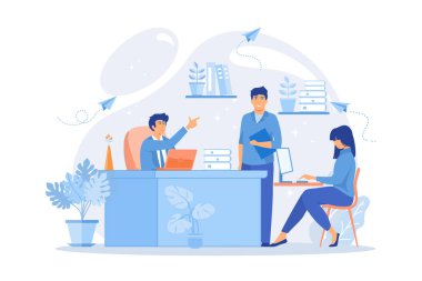 Modern çevre dostu ofislerde bitki ve çiçeklerle çalışan iş adamları. Biyofilik tasarım odası, çevre dostu çalışma alanı, yeşil ofis konsepti. düz vektör modern illüstrasyon