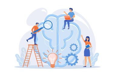 İşletme istihbaratıyla birlikte laptop üzerinde çalışan bir iş analisti. İş veri analizi, veri yönetimi, veritabanı teknolojileri ve analiz araçları kavramı düz vektör modern illüstrasyon