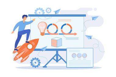 Geliştirme ekibi üyesi ve Agile projesi üzerinde çalışıyor. Ürün sahipleri ve hissedarlar için. Çevik proje yönetimi kavramı. düz vektör modern illüstrasyon