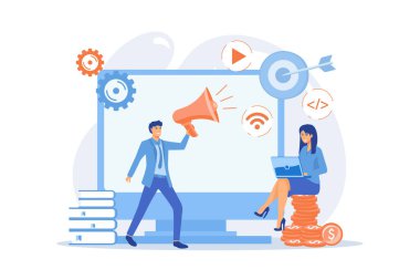 Dijital pazarlama avantajı. Web analizleri. Programcılar takım halinde çalışıyor. Pazarlama faaliyeti. Öznitelik modelleme, marka içgörüsü, ölçüm araçları konsepti. düz vektör modern illüstrasyon