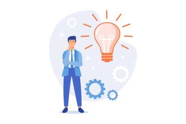 İş fikri üretimi. Plan geliştirme. Ampul çizgi film karakteri ile dalgın bir adam. Teknik zihniyet, girişimci zihin, beyin fırtınası süreci. düz vektör modern illüstrasyon