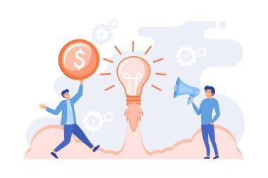 Çalıştır, proje başlat. Ekip beyin fırtınası yapıyor, çözüm arıyor. İş fikri, iş planı, küçük işletme başlatıcısı, iş geliştirme konsepti. düz vektör modern illüstrasyon