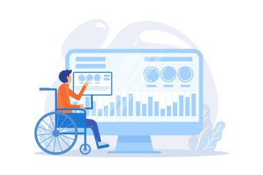 Tekerlekli sandalyedeki özürlü adam. Yaralı karakter rehabilitasyonu. Yardımcı teknoloji, engelliler için cihazlar, benimsenmiş teknoloji kavramı. düz vektör modern illüstrasyon