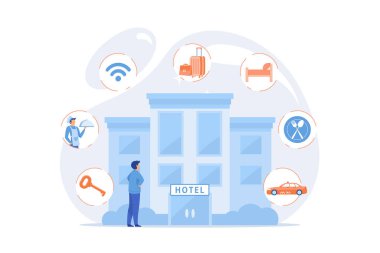 Lüks otel, konaklama rezervasyonu. Bedava kablosuz internet, oda temizliği. Misafirperverlik yönetimi, oteller iş süreçleri, otel yönetim sistemi konsepti. düz vektör modern illüstrasyon