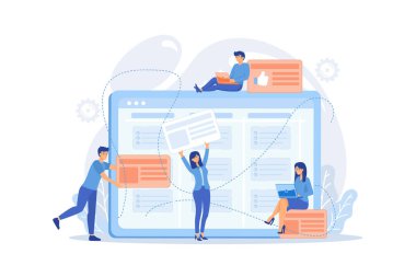Ekip üyeleri büyük bir kanban tahtasında kart taşıyorlar. Takım çalışması, iletişim, etkileşim, iş süreci, çevik proje yönetimi konsepti, pembe mercan mavisi palet. düz vektör modern illüstrasyon