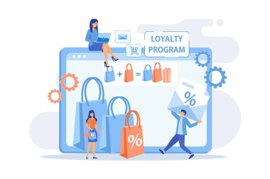 Alışveriş satışı. İndirim teklifi. Sadakat programı. Müşteri çekici pazarlama. Satış promosyonu, yaratıcı perakende tanıtımı, satış konseptini yükseltmek. düz vektör modern illüstrasyon