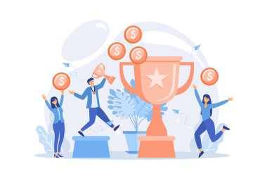 Altın kupa ve madalya kazanan yarışmacı. Liderlik ve başarı. Ödül bahsi, ödül parası dağıtımı, turnuva konsepti. düz vektör modern illüstrasyon