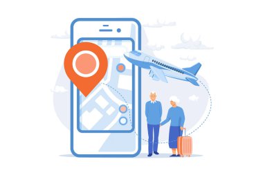 Emekli insanlar seyahat eder. Emekliler tatil, yaşlı çiftler gezisi, yaşlılık aktif yaşam tarzı. Bunak eşler yolculuk güzergahı planlıyorlar, varış noktasını seçiyorlar. düz vektör modern illüstrasyon