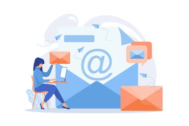 E-posta servisi, online yazışmalar, internet iletişimi. Elektronik posta kutusu, mesaj grubu, gelen mektuplar. Kadın adresli çizgi film karakteri. düz vektör modern illüstrasyon