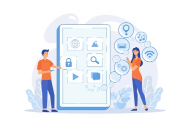 Profesyoneller akıllı telefon ekranında mobil uygulamalar yaratıyorlar. Mobil uygulama geliştirme, akıllı telefon veya tablet konsepti için kodlama. Pembe mercan mavisi palet. düz vektör modern illüstrasyon