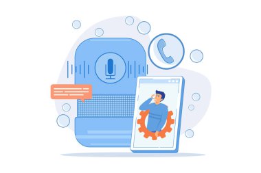 Kullanıcı akıllı hoparlörle ücretsiz telefon görüşmesi yapıyor. Akıllı ev asistanı, IoT teknolojisi ve sesli dijital cihaz konsepti. düz vektör modern illüstrasyon