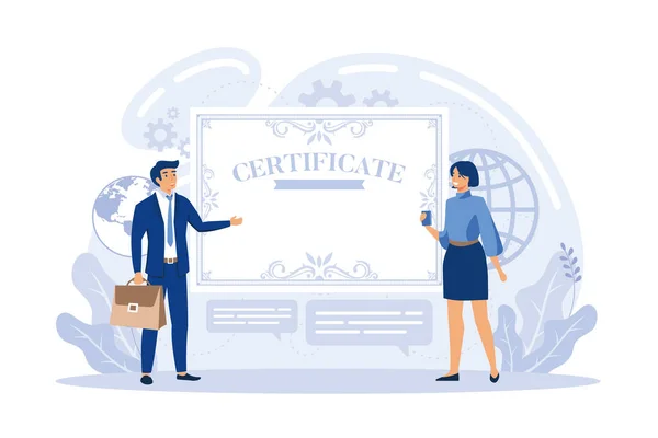 Gens Affaires Répondant Aux Normes Contrôle Qualité Obtenir Certificat International — Image vectorielle