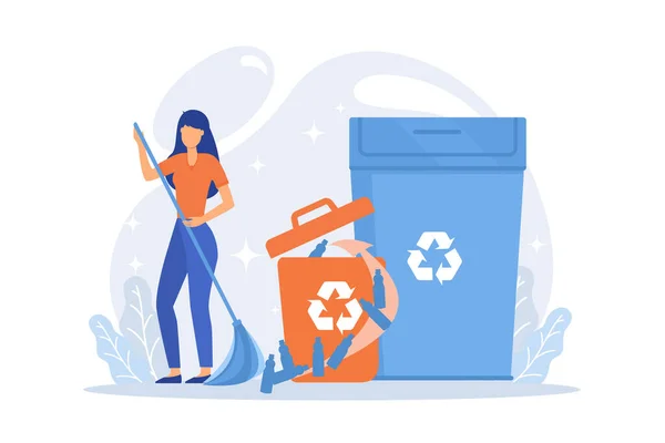 Mülltrennung Aus Kunststoff Recycling Und Wiederverwendungsidee Mann Sammelt Plastikflaschen Müllcontainer — Stockvektor