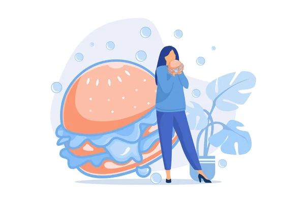 Femme Affamée Mangeant Hamburger Dépendance Restauration Rapide Alimentation Excessive Repas — Image vectorielle