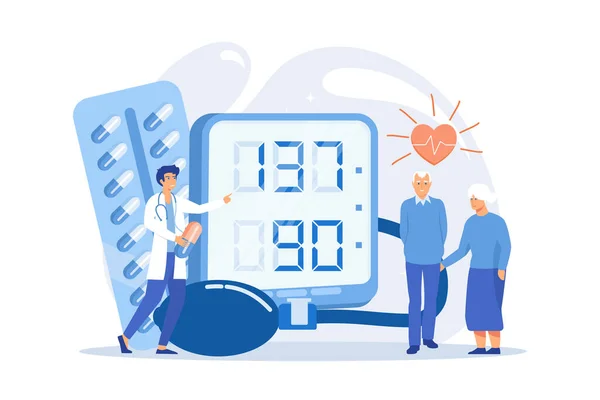 Doctor Elderly Couple Tonometer Hight Blood Pressure Tiny People High — Stock Vector