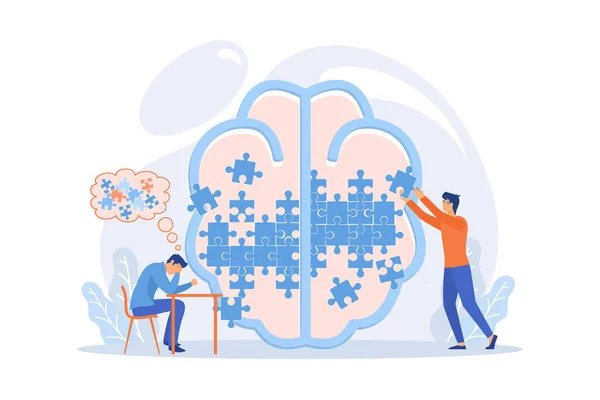Man Doing Human Brain Puzzle Psychology Psychotherapy Session Mental Healing — Stock Vector