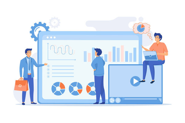 Анализ данных, бизнес-аналитика, стратегия СММ. Команда аналитиков работает. Инструментальная панель социальных сетей, интерфейс онлайн-маркетинга, концепция метрики социальных медиа. Плоский вектор современной иллюстрации