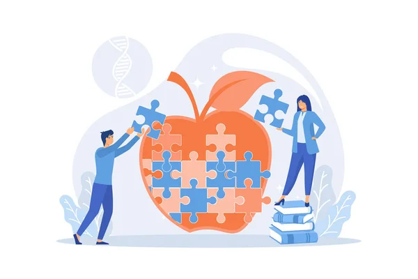 Scientists Doing Apple Jigsaw Puzzle Genetically Modified Organism Engineered Organism — Stock Vector