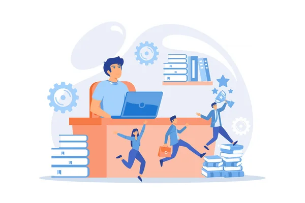 Businessman at laptop and leader runs up on books with trophy and his team. Business leadership, managing skills, leadership training plan concept. flat vector modern illustration