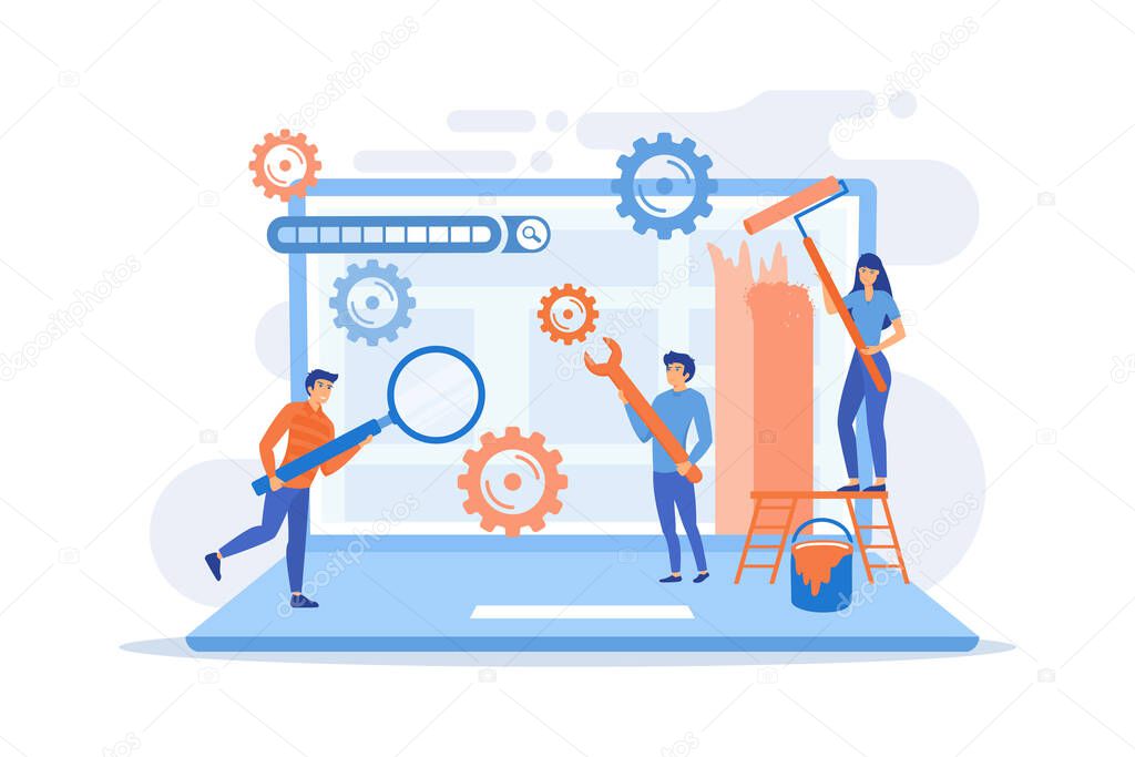 Vector of Technical support, programming and coding. Website maintenance, website maintenance services, update and keep your site easy concept. flat vector modern illustration Technical support, programming and coding. Website maintenance, website maintenance services, update and keep your site easy concept. flat vector modern illustration stock vector