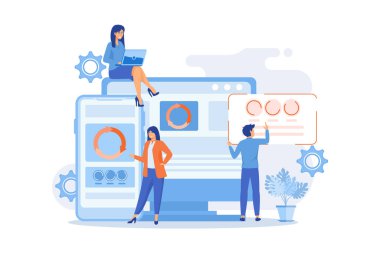 Bilgisayardaki ve akıllı telefondaki geliştiriciler tek sayfa uygulaması üzerinde çalışıyorlar, küçük insanlar. Tek sayfa başvurusu, SPA web sayfası, web geliştirme eğilimi konsepti. düz vektör modern illüstrasyon