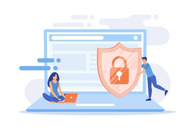 Kalkanları olan ufak tefek iş adamları dizüstü bilgisayardaki verileri koruyor. Veri gizliliği, bilgi gizlilik düzenlemesi, kişisel veri koruma kavramı. düz vektör modern illüstrasyon