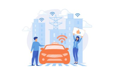 Şehir, akıllı ulaşım sistemi teknolojilerini kullanıyor. Akıllı ulaşım sistemi, trafik yönetimi, akıllı şehir teknolojileri konsepti. düz vektör modern illüstrasyon