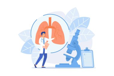 Doktor büyük akciğer hastalıklarını ve mikroskobu inceliyor. Obstrüktif akciğer hastalığı, kronik bronşit ve beyaz arka planda amfizem konsepti. düz vektör modern illüstrasyon