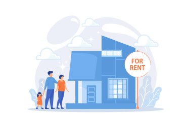 Aile kırsal bölgeye taşınıyor. Emlakçı konağı gösteriyor. Kiralık ev, internetten hortum kiralama, en iyi kiralık mülk, emlak hizmetleri konsepti. düz vektör modern illüstrasyon