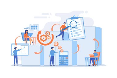 İşgücü organizasyonu ve yönetimi. Çalışma akışı süreçleri, iş akışı tasarım ve otomasyon, ofis verimliliği kavramınızı geliştirin. düz vektör modern illistasyon