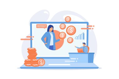 Çevrimiçi finansal danışmanlık düz vektör çizimi. İş yatırımı, bütçe planlaması, banka yardım hattı konsepti. Finans danışmanı ve müşteri kârı tartışıyor. düz vektör modern illüstrasyon