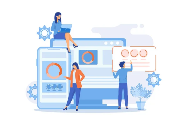 Utvecklare Dator Och Smartphone Arbetar Sida App Små Människor Ensidig — Stock vektor