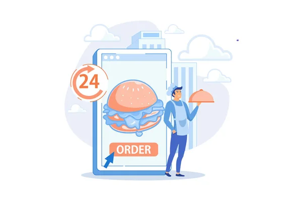 24時間利用可能なタブレット上の巨大なハンバーガーと料理を提供する料理を注文します 食品配送サービス オンライン食品注文 7食品サービスの概念 フラットベクトル現代イラスト — ストックベクタ