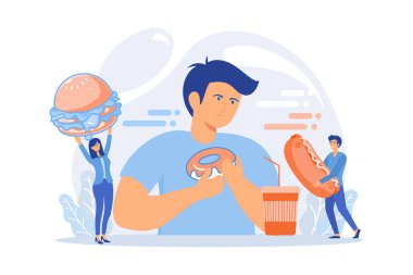 Hamburger yiyen şişman adam, fast food veren küçük insanlar. Aşırı yeme alışkanlığı, aşırı yeme bozukluğu, aşırı yeme saplantısı. düz vektör modern illüstrasyon