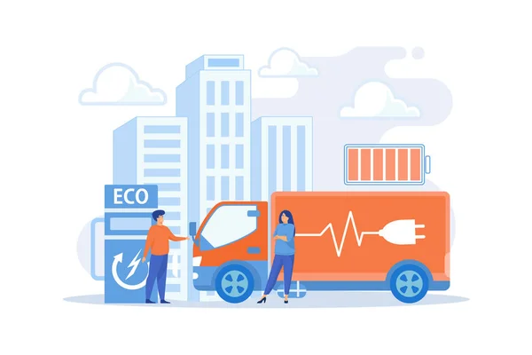 Οικολογικό Ηλεκτρικό Φορτηγό Μπαταρία Φόρτισης Βύσματος Στο Σταθμό Φορτιστή Ηλεκτρικό — Διανυσματικό Αρχείο